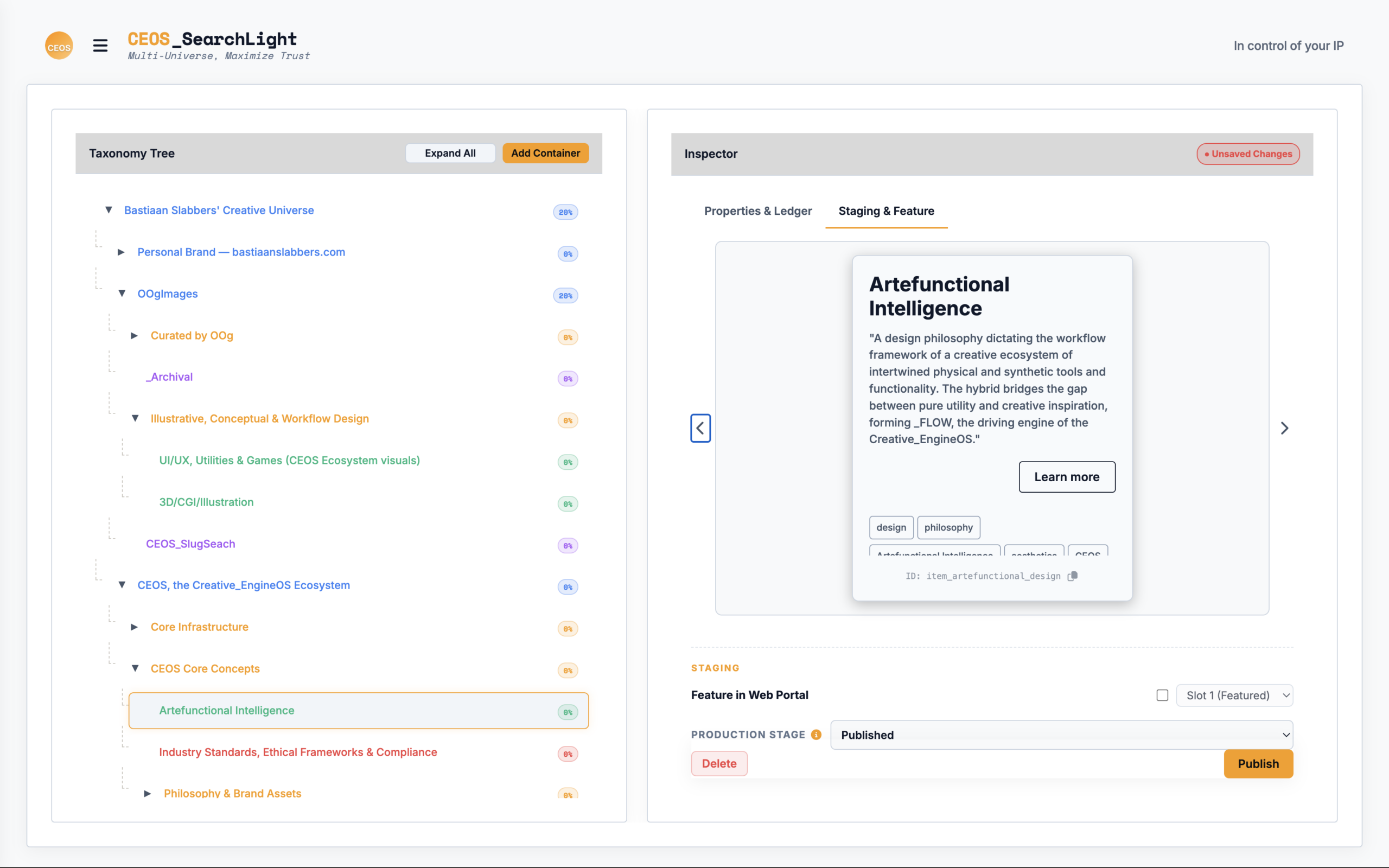 CEOS_SearchLight screenshot shows the main window of a IP assets manager for AOE authentication and verification